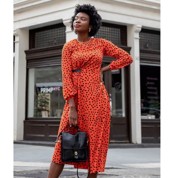 HUNTER BELL Orange Black Animal Print Lawton Polka Dot Ruched Dress Size 0 - Picture 1 of 13